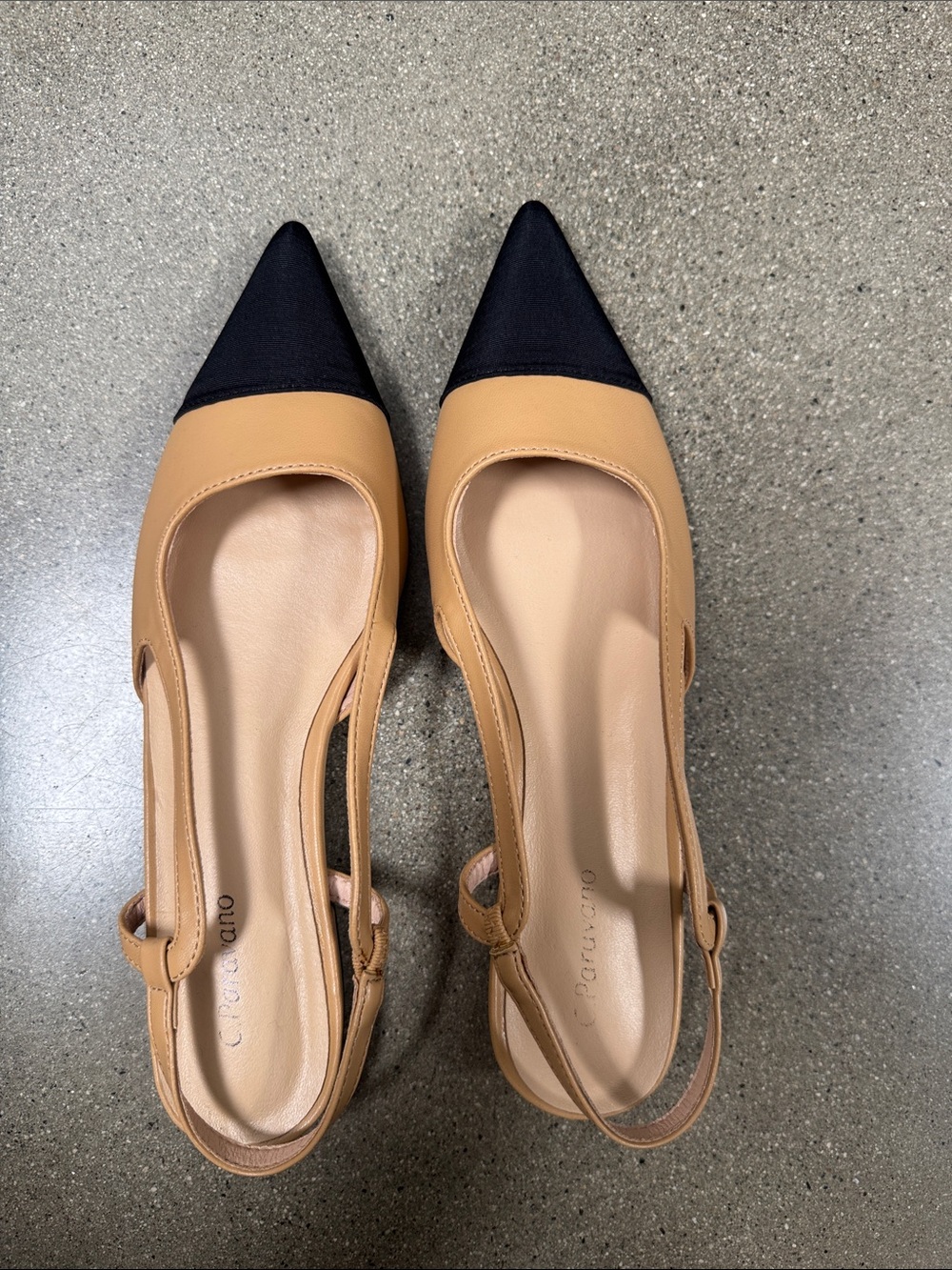 Pointed Toe Two-Tone Slingback Flats in Tan and Black